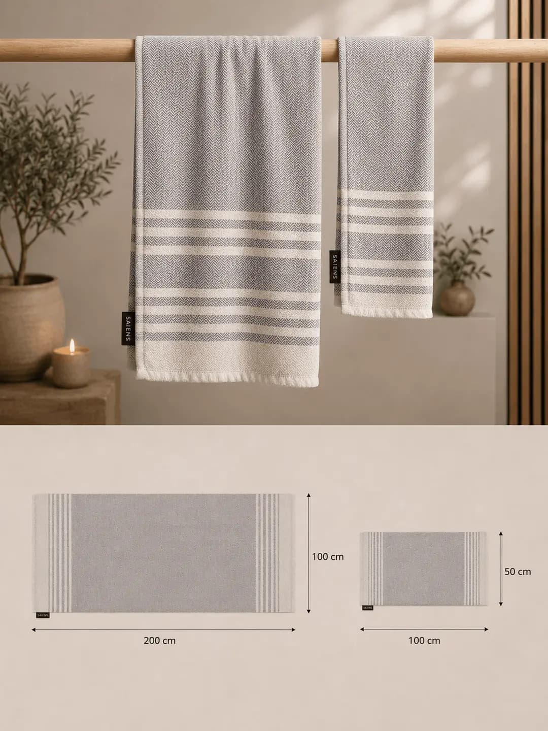 Bomulds håndklæde sæt 100×200 cm + 50×100 cm Grå 2